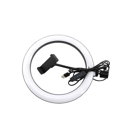 Ring light with USB cable and power adapter on a white background