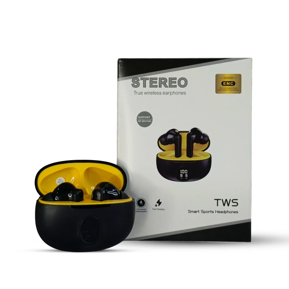 Black and yellow Stereo wireless earbuds with open case and packaging on a white background