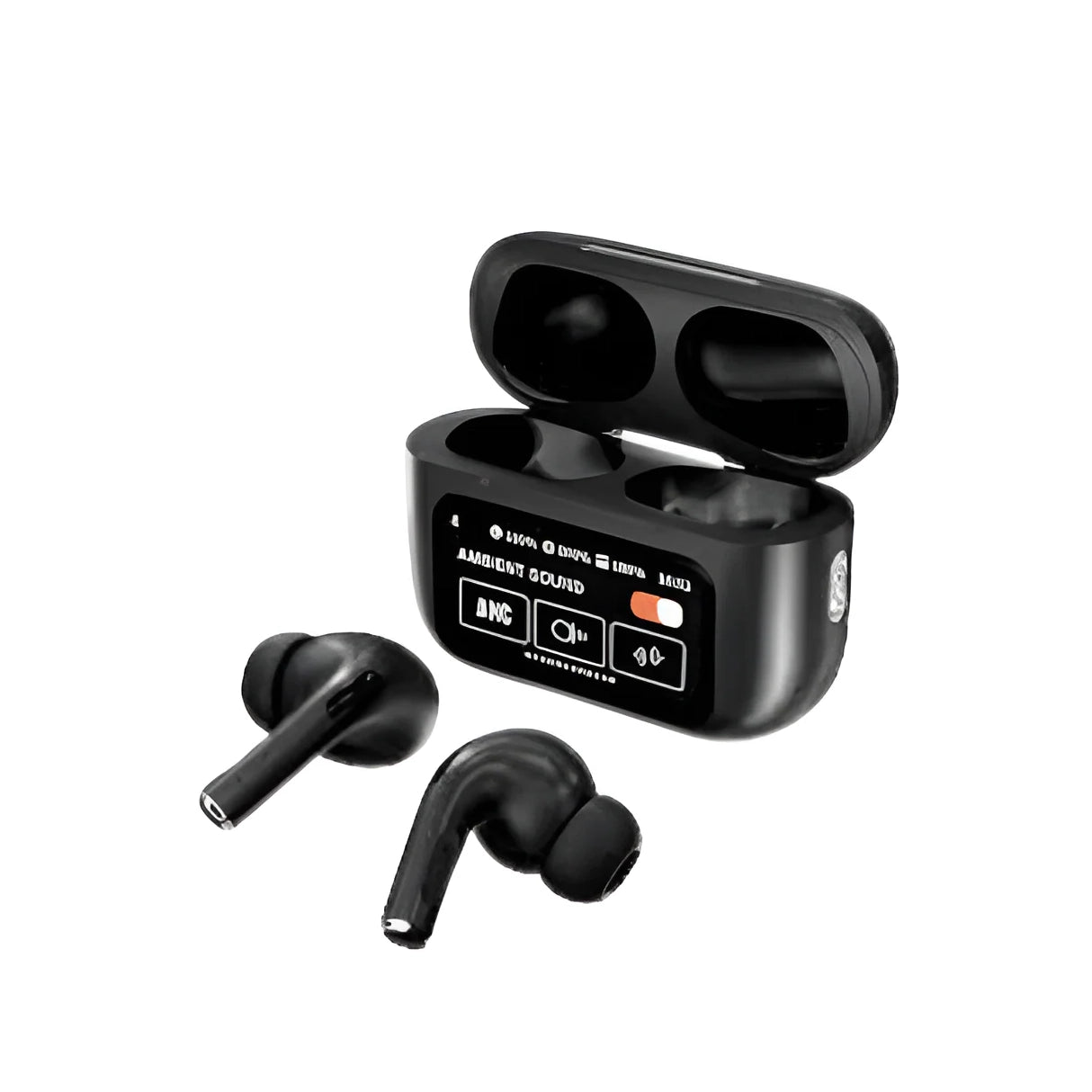 Black A9 pro airpods with charging case on a white background