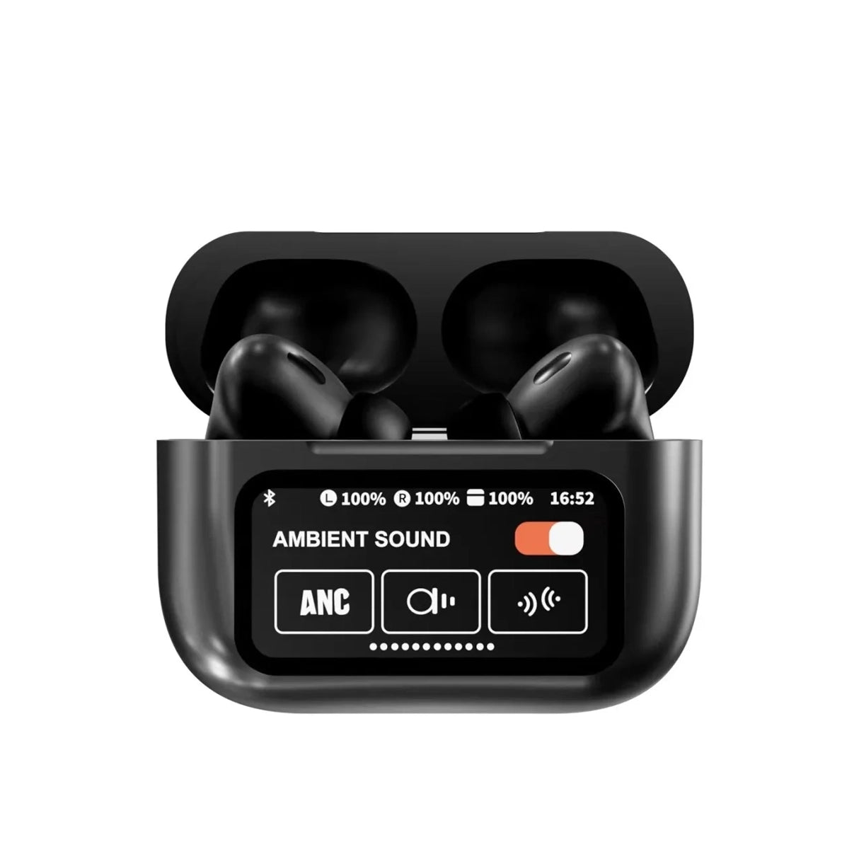 A9 pro airpods Black in a charging case with display on a white background