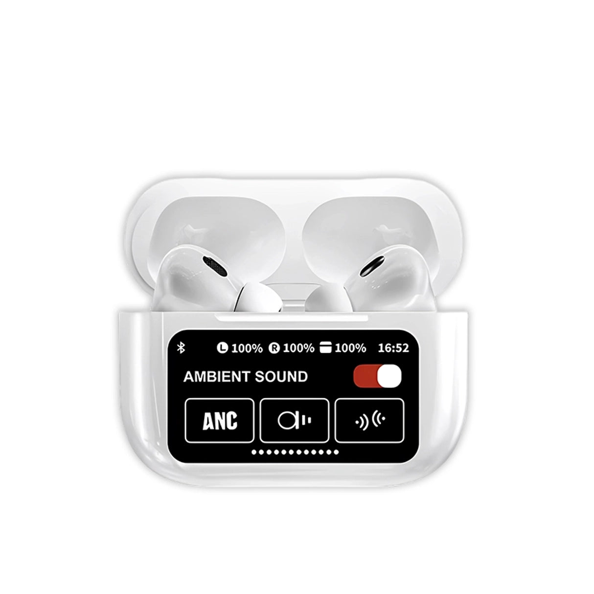A9 pro airpods with display Showing ambient sound features ANC on a white background