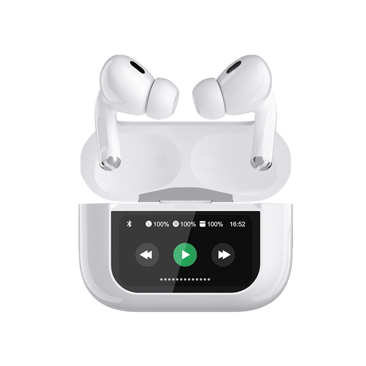 White A9 pro airpods with Display case showing battery health, Bluetooth and time on a white background