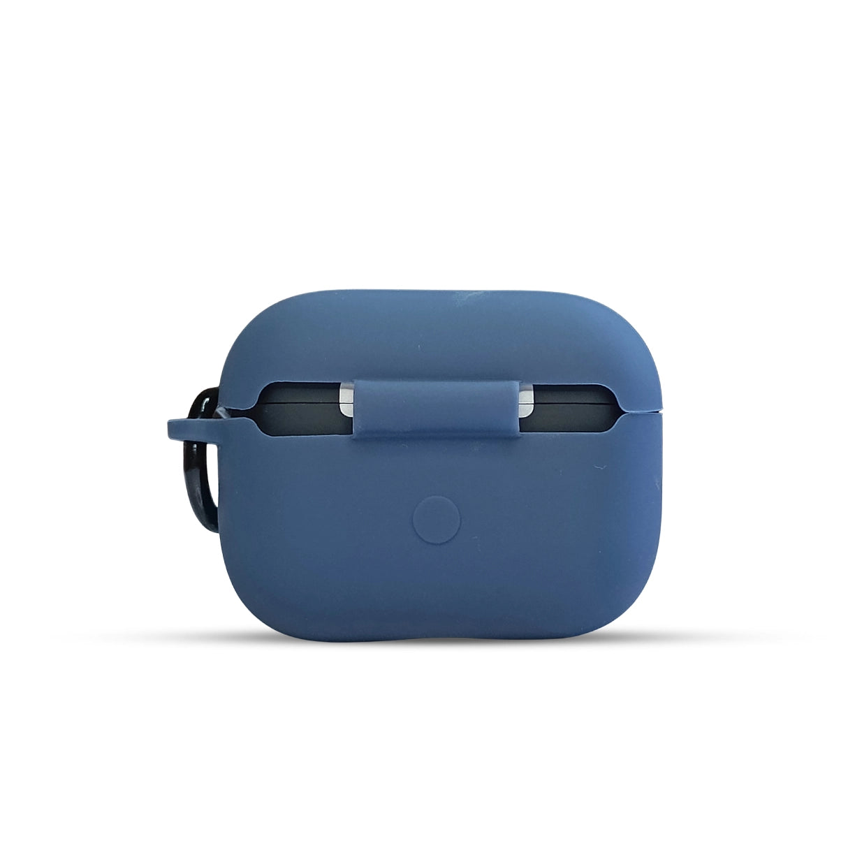 Blue A9 Pro AirPods Silicone Case with a secure flap cover, clear display window, and attached carabiner loop.