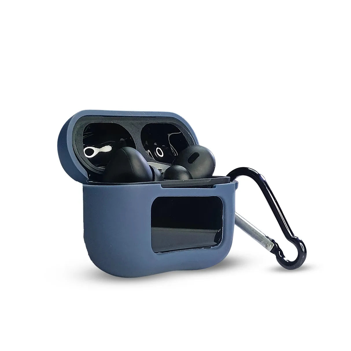 Blue A9 Pro AirPods Silicone Case with AirPods inside, featuring a clear display window and attached carabiner for easy carrying.