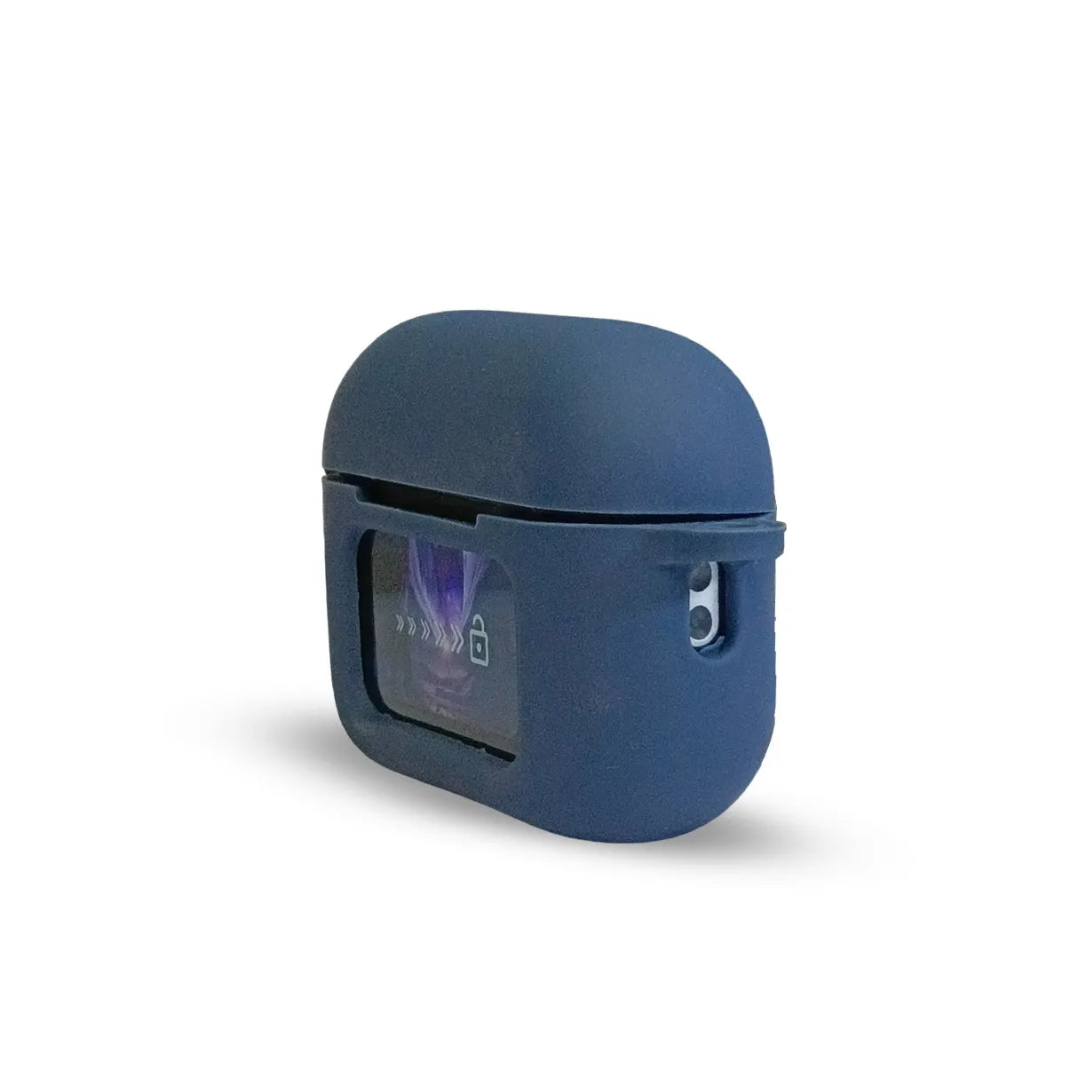 Side view of the blue A9 Pro AirPods Silicone Case with clear display window, showcasing its sleek design and port access.