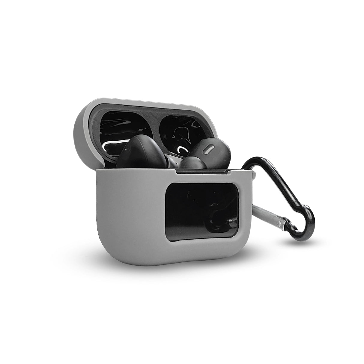Gray A9 Pro AirPods Silicone Case open with AirPods inside, featuring a clear display window and carabiner for easy carrying.