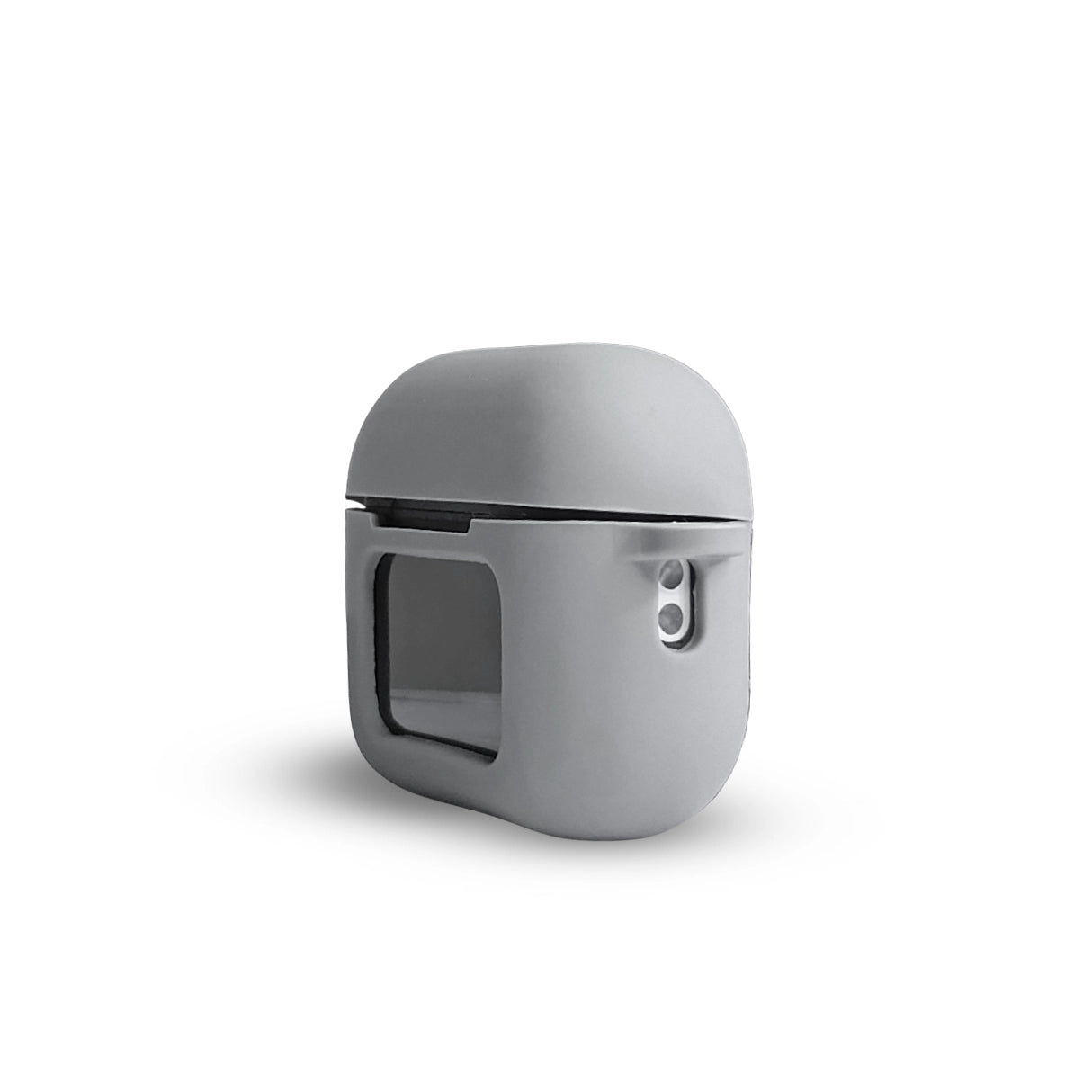 Side view of the gray A9 Pro AirPods Silicone Case with clear display window, sleek silicone finish, and port access.