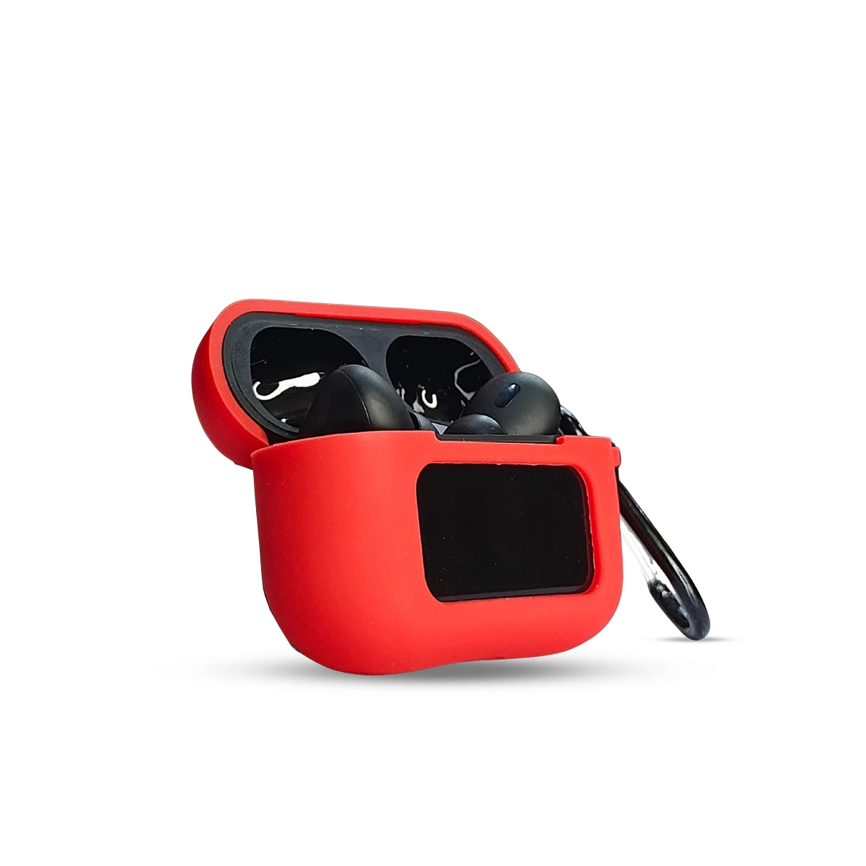 Red A9 Pro AirPods Silicone Case open with AirPods inside, showing the clear display window and attached carabiner for easy portability.