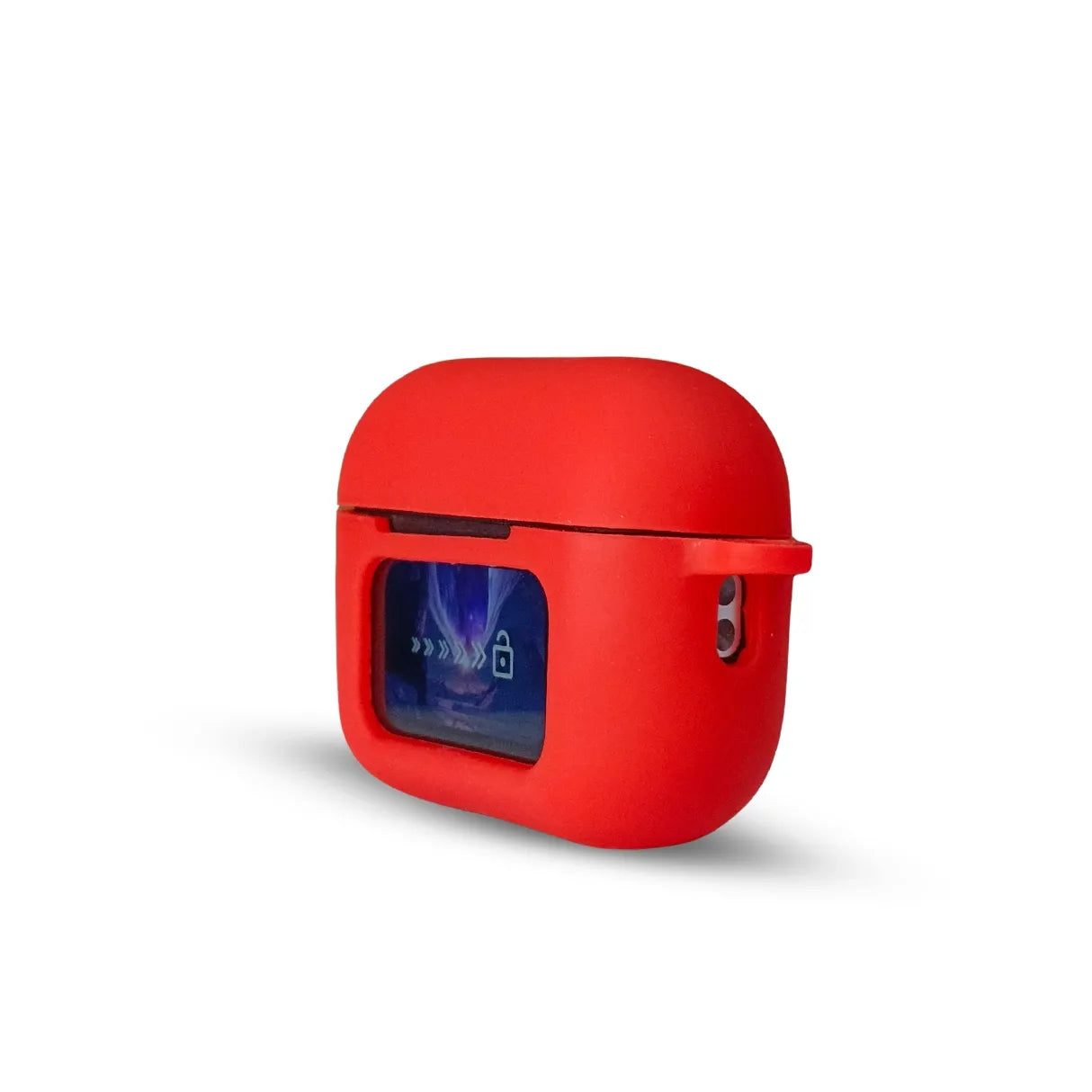 Side view of the red A9 Pro AirPods Silicone Case with clear display window, showing the case's sleek design and access port for charging.