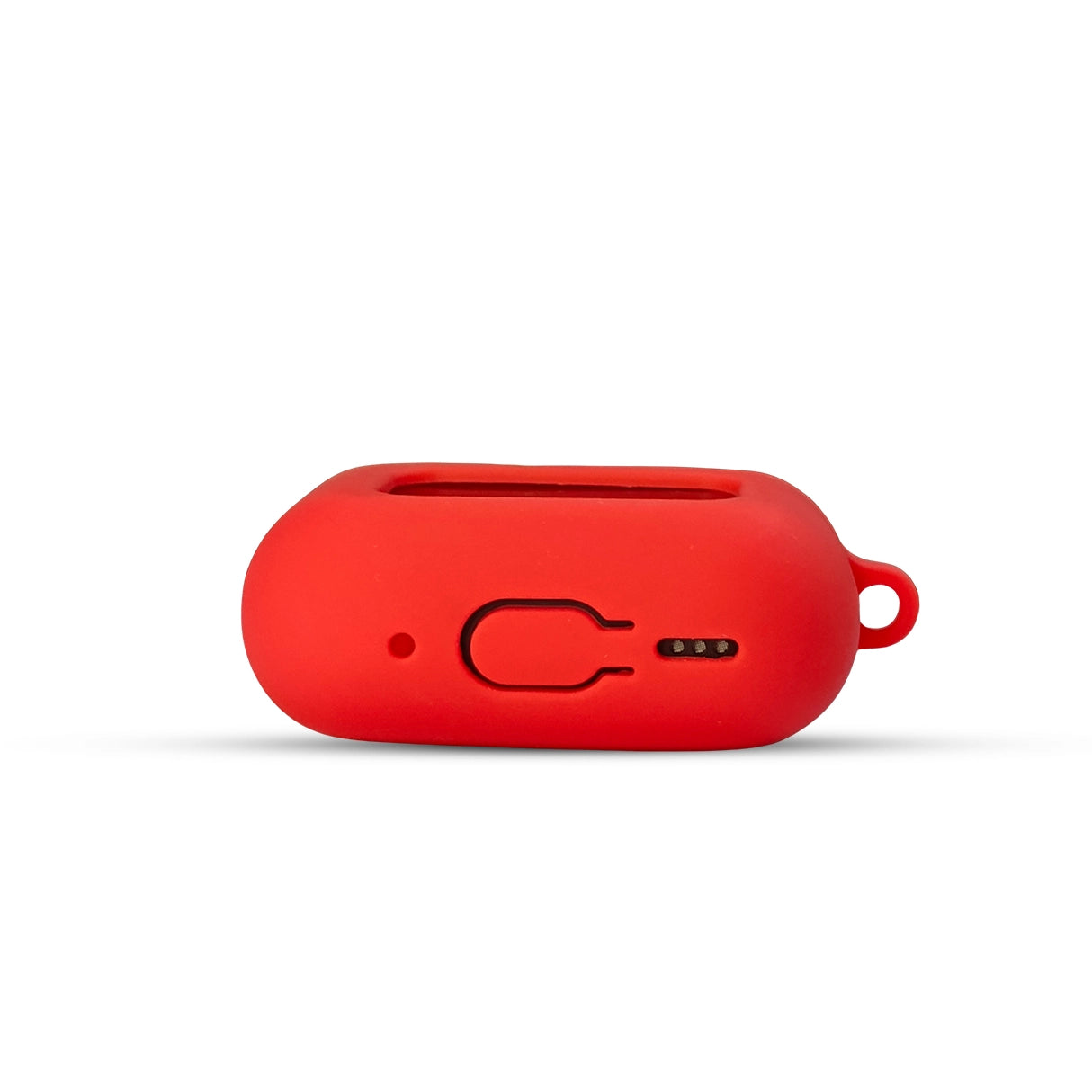 Close-up of the red A9 Pro AirPods Silicone Case showing the bottom with charging port access and a loop for attaching a carabiner.