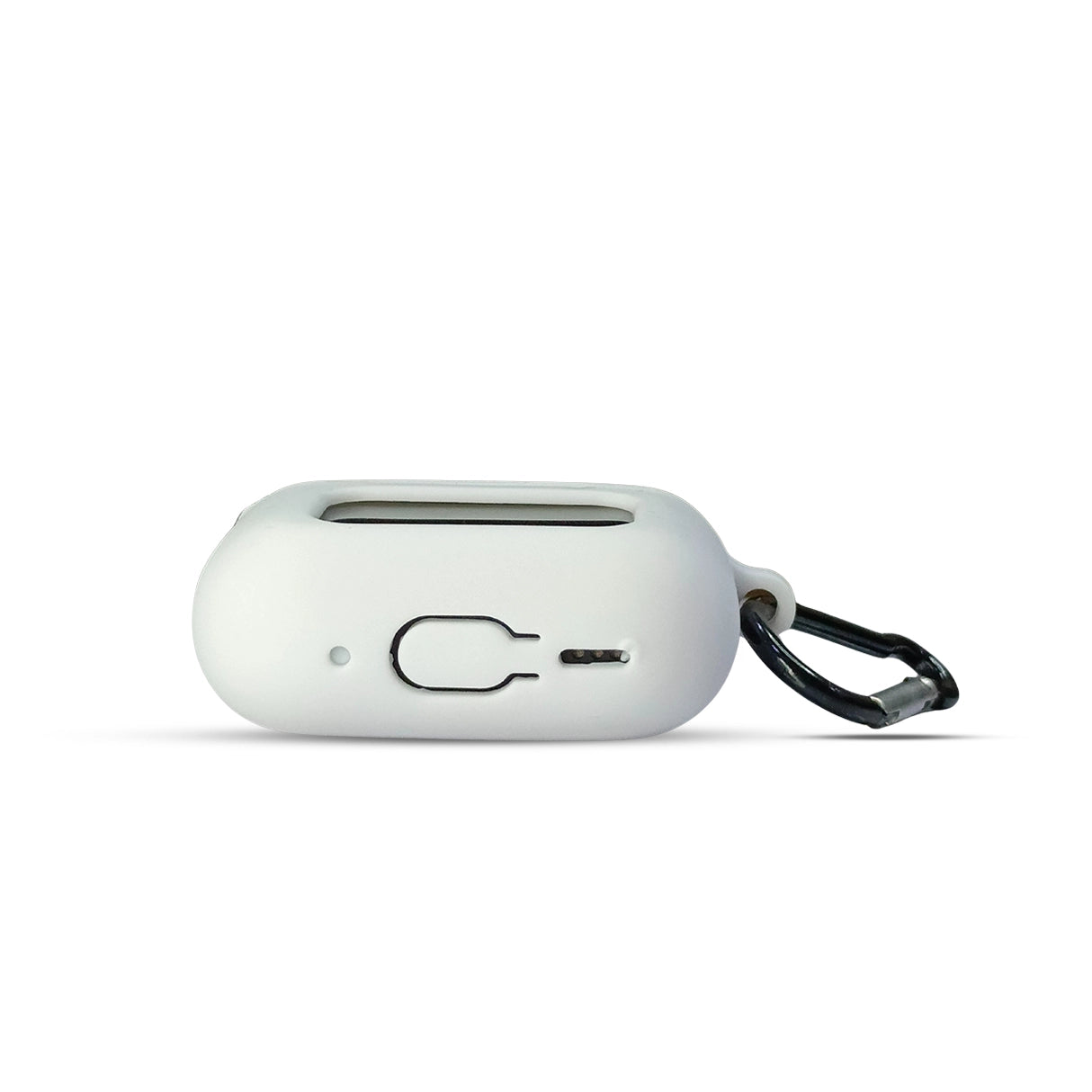 White A9 Pro AirPods Silicone Case showing the bottom with charging port access, carabiner loop, and sleek design
