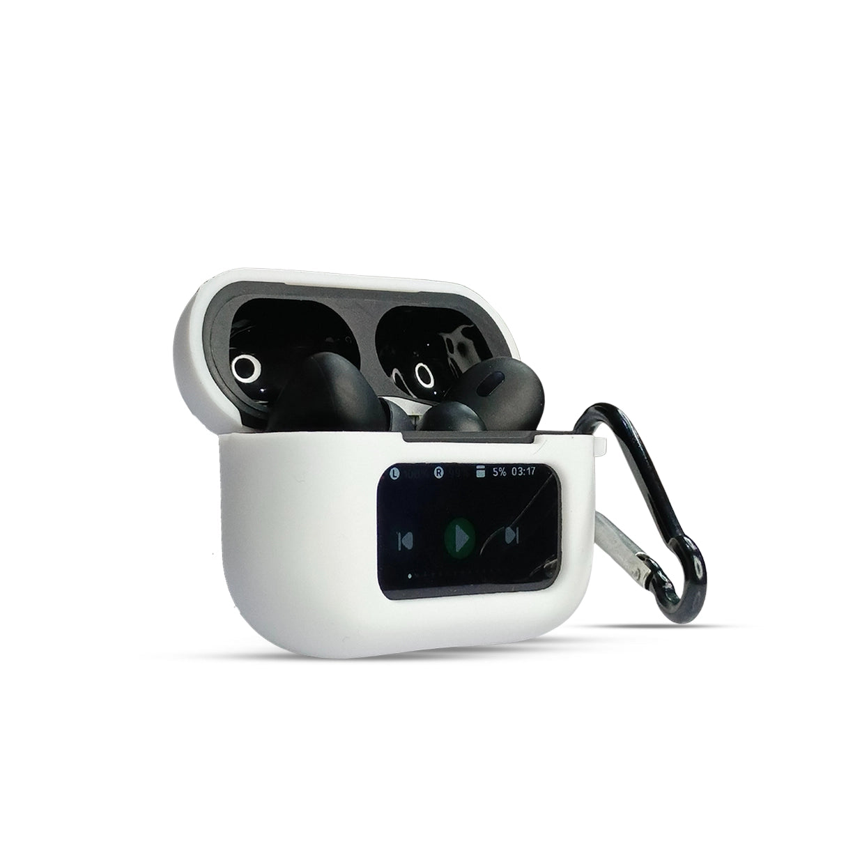 White A9 Pro AirPods Silicone Case with clear display window showing a 5% battery and music playback controls, carabiner attached for easy carrying.