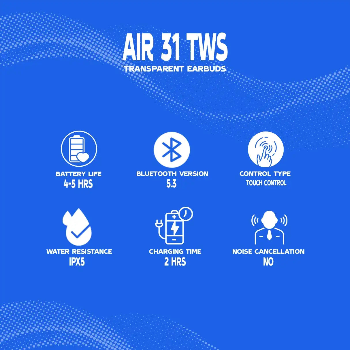 Product features of AIR 31 TWS transparent earbuds on a blue background
