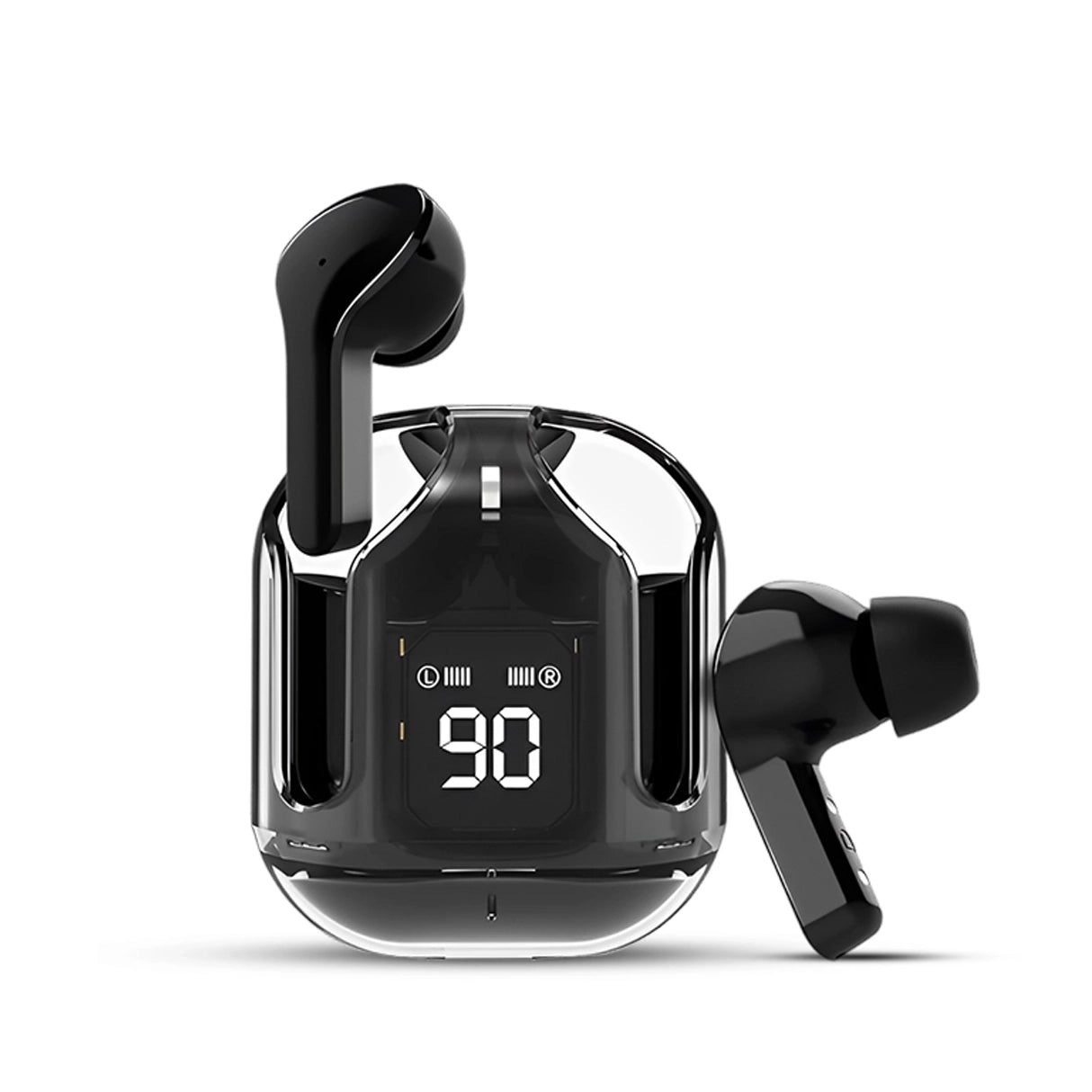 Air 31 Black wireless earbuds with charging LED display on a white background