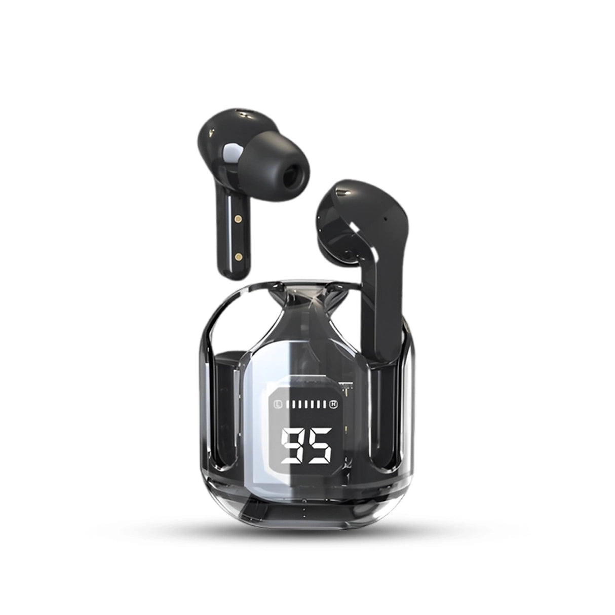 Air 31 Black wireless earbuds with charging case on a white background
