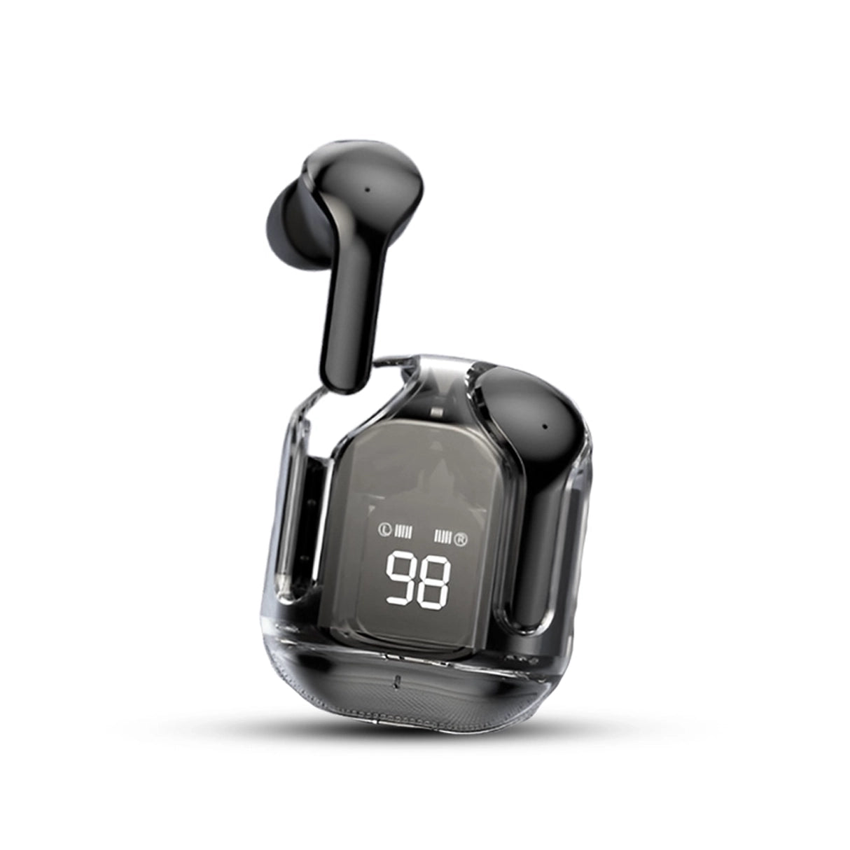 Air 31 Black wireless earbuds with a digital display on a white background