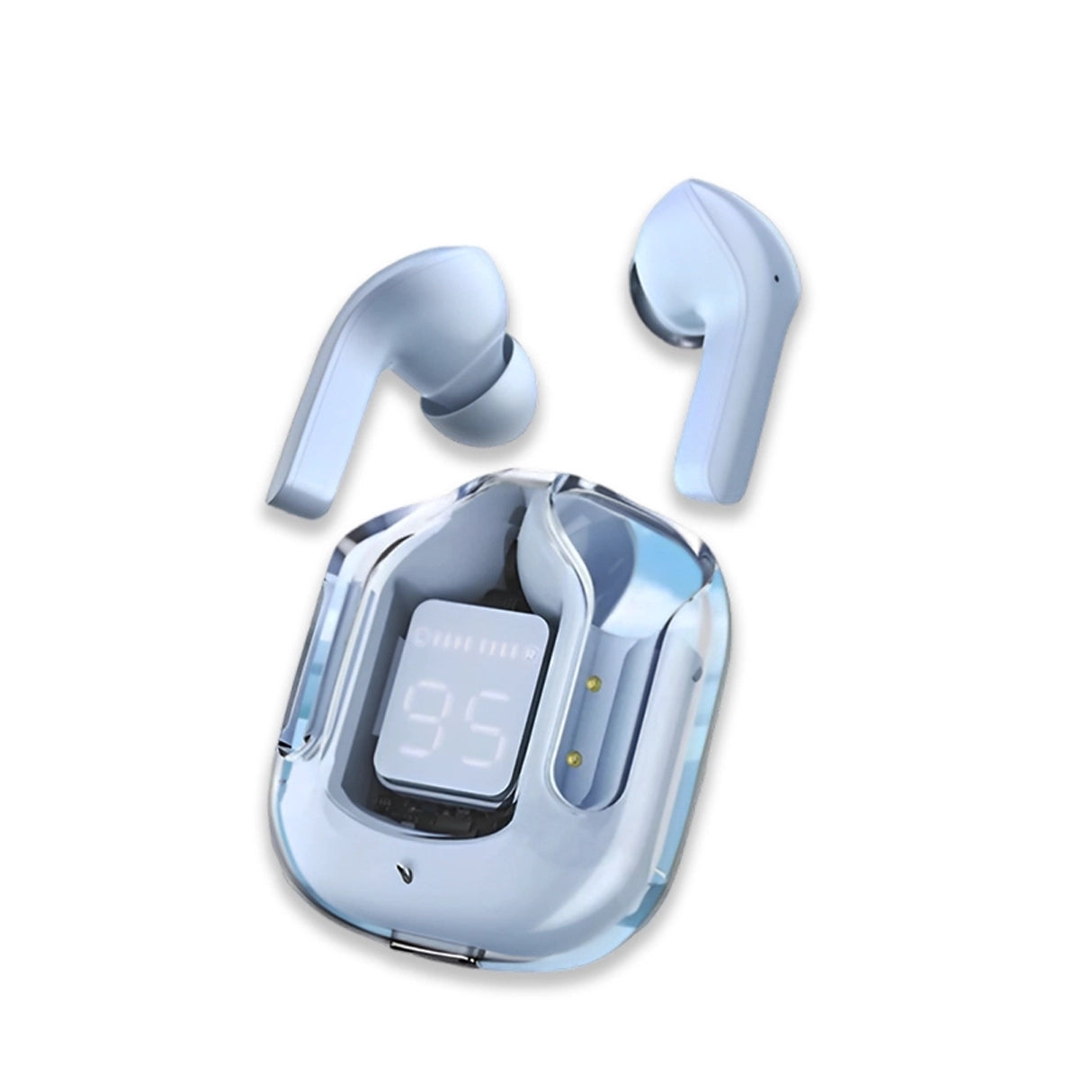 Air 31 Blue wireless earbuds with charging case on a white background