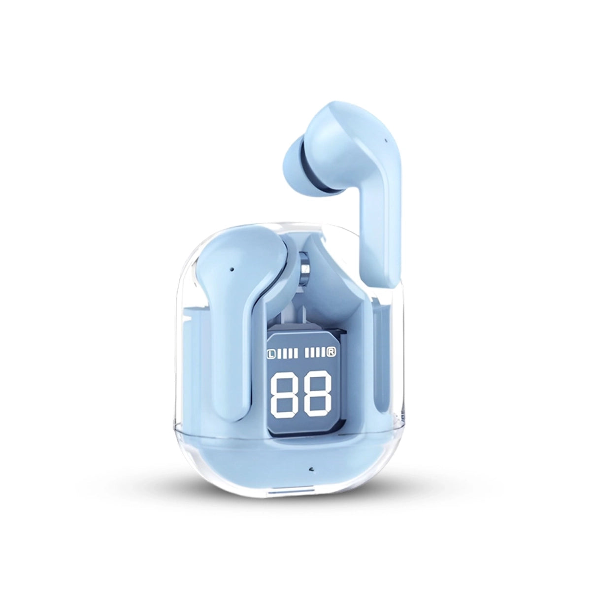 Blue wireless earbuds with charging Digital meter on a white background