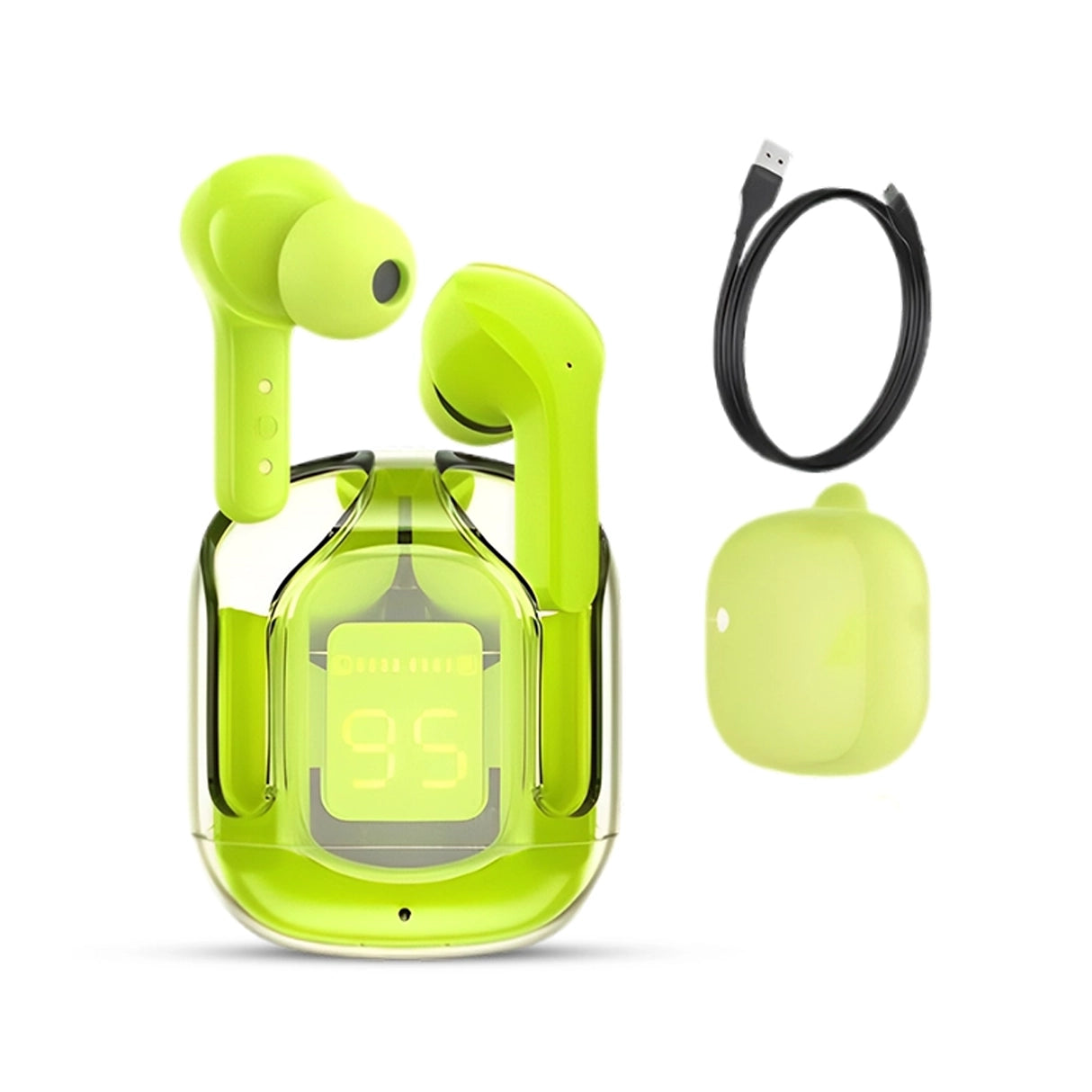 Air 31 Lime green wireless earbuds with charging case, cable and silicone cover on a white background