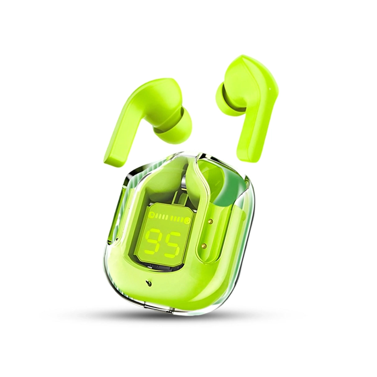 Air 31 Green wireless earbuds with charging case on a white background