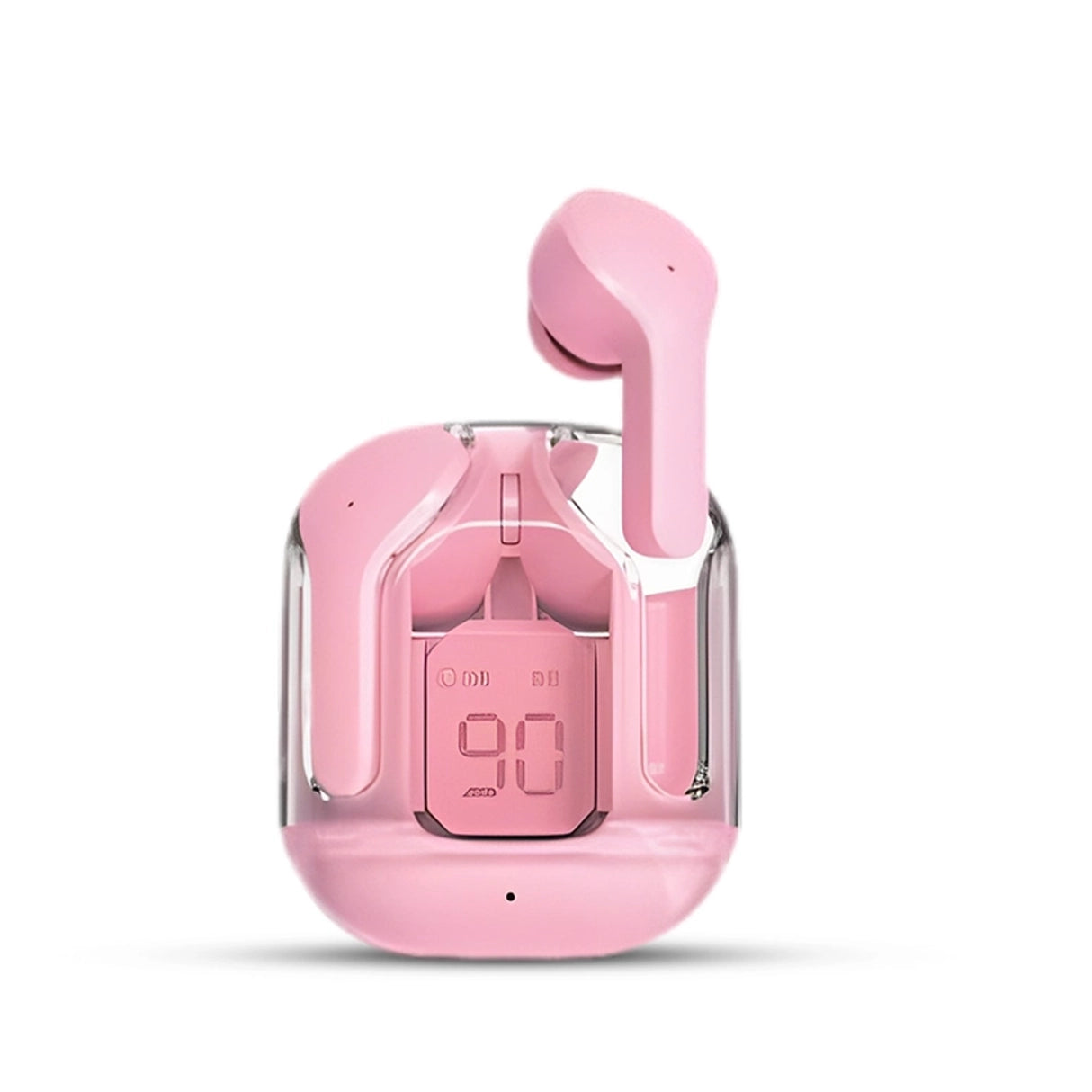 Air 31 Pink wireless earbuds with charging LED display on a white background