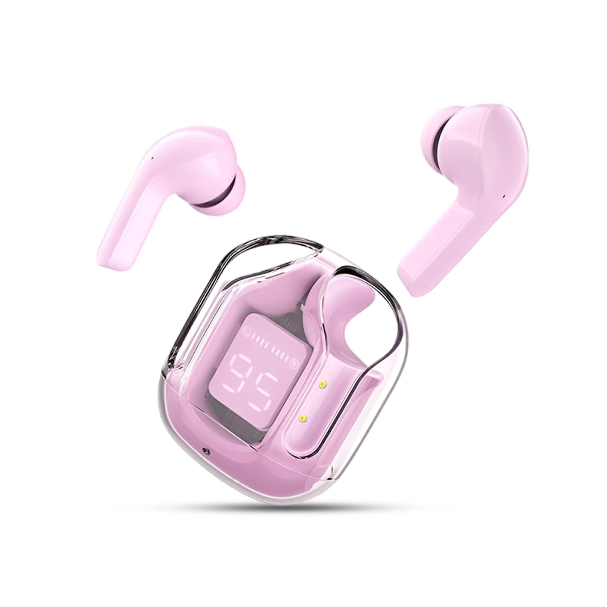 Air 31 Pink wireless earbuds with charging LED display on a white background