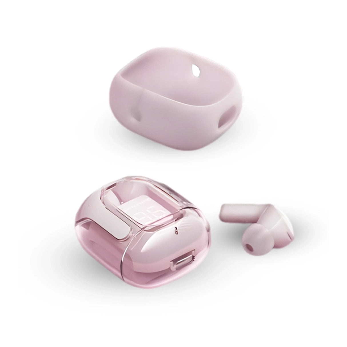 Air 31 Pink wireless earbuds with case and silicone cover on a white background