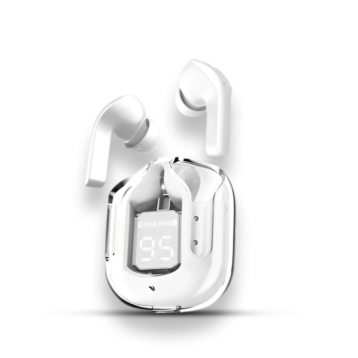 Air 31 White wireless earbuds with charging case on a white background