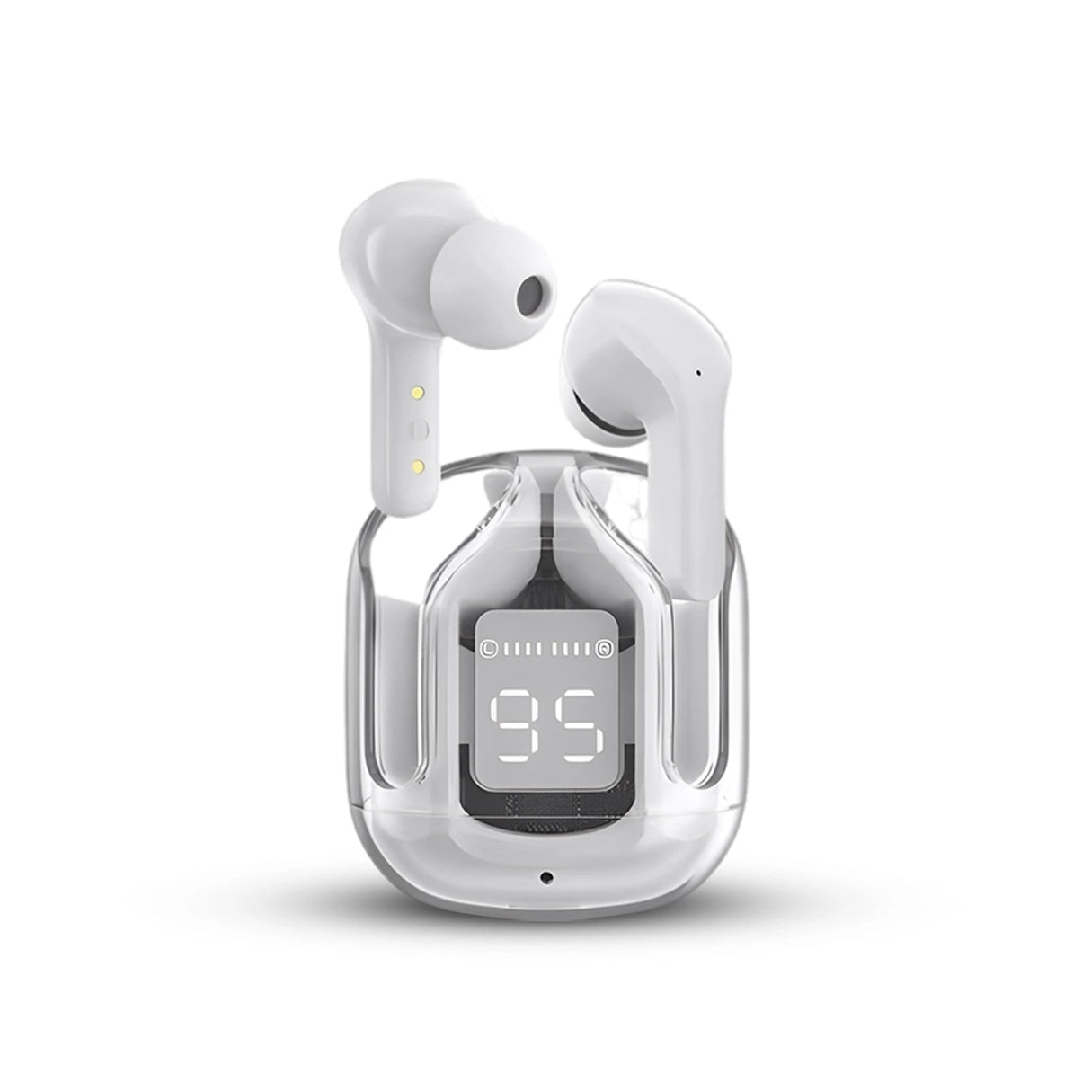 Air 31 White wireless earbuds with clear case on a white background