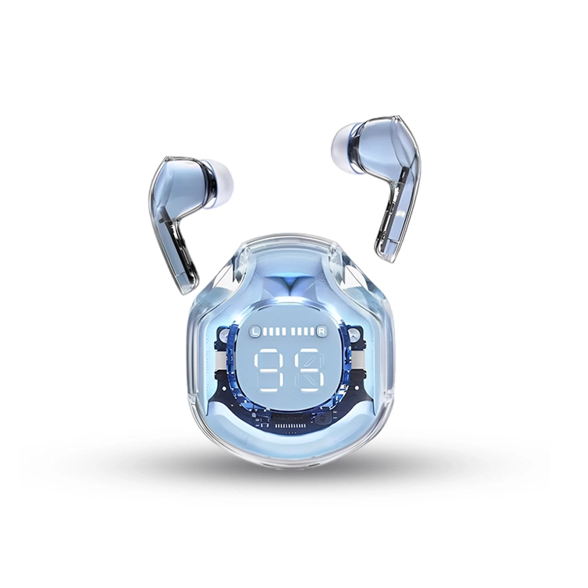 Air 39 Wireless earbuds with a transparent case on a white background
