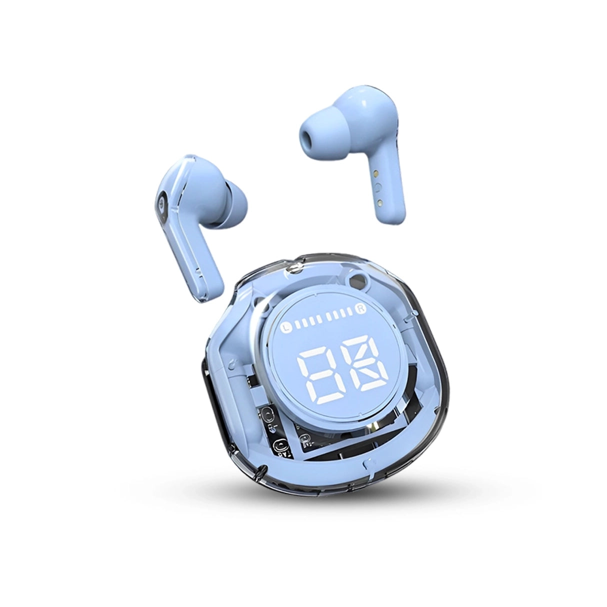 Air 39 Blue wireless earbuds with charging case on a white background