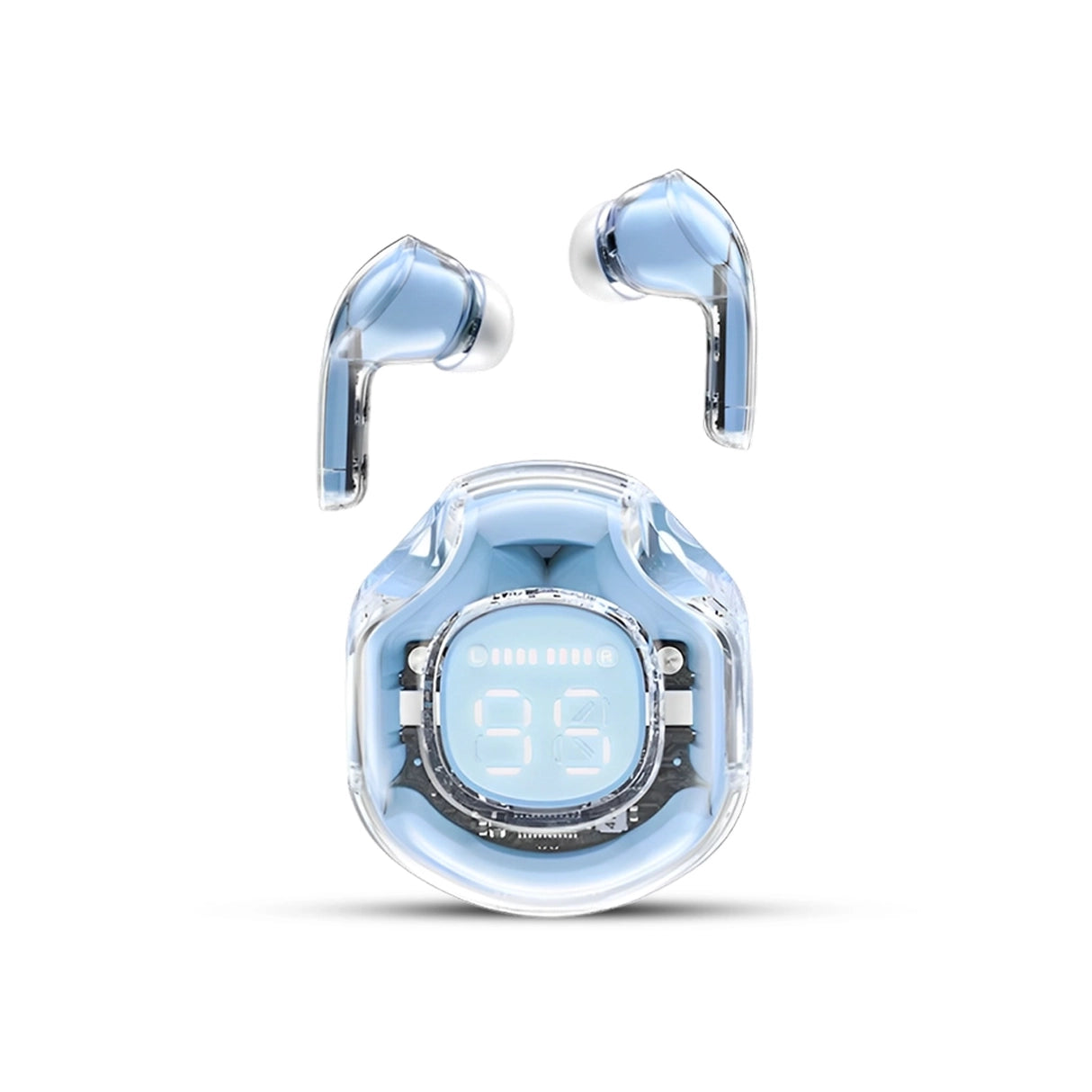 Air 39 wireless earbuds with Transparent case on a white background