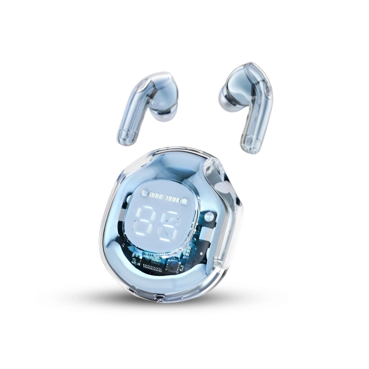 Wireless earbuds with charging case on a white background