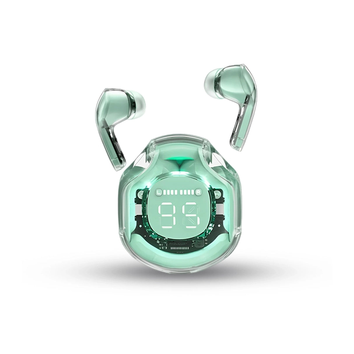 Air 39 Mint green Wireless Earbuds with digital display on a white background