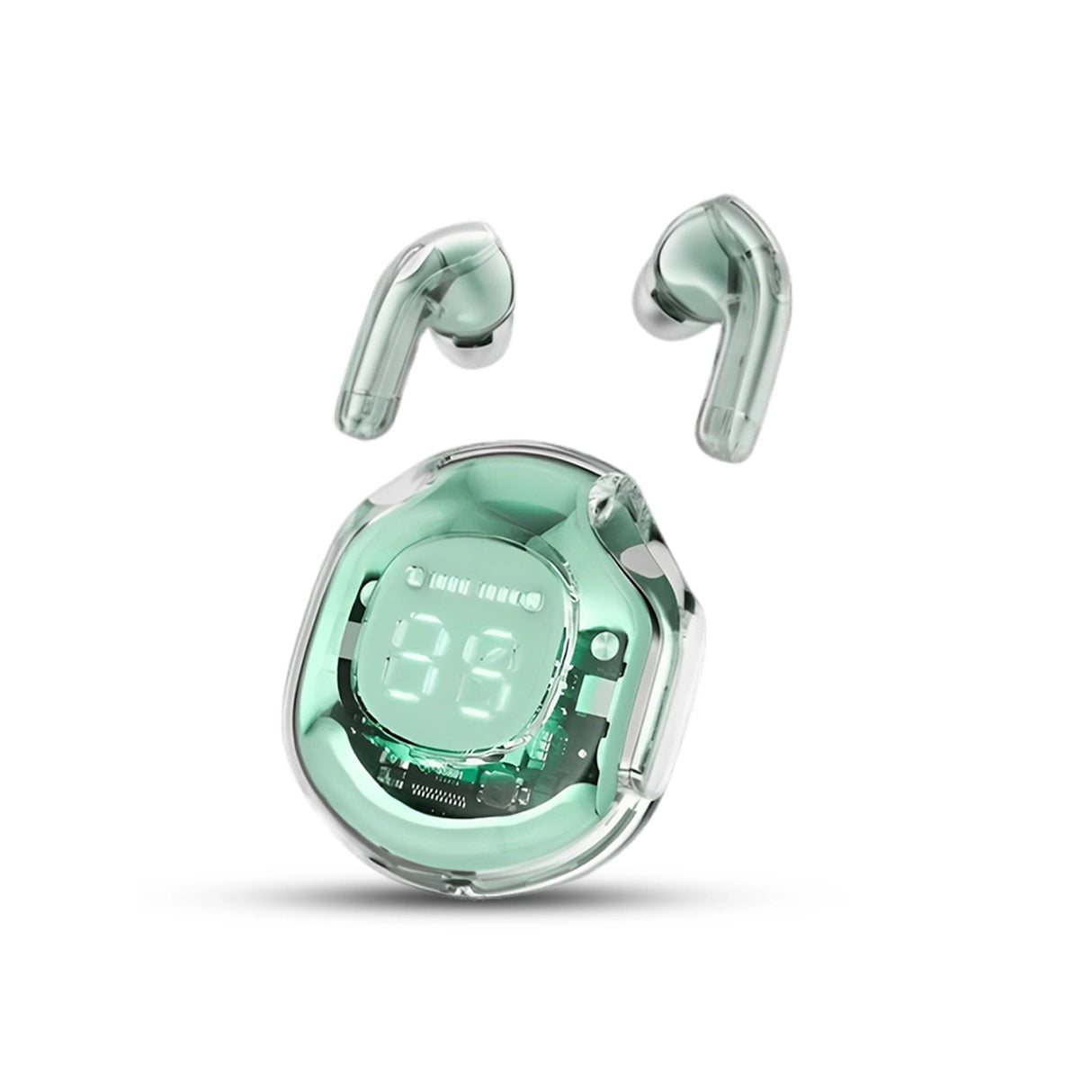 Air 39 Mint green Wireless earbuds with digital display on a white background