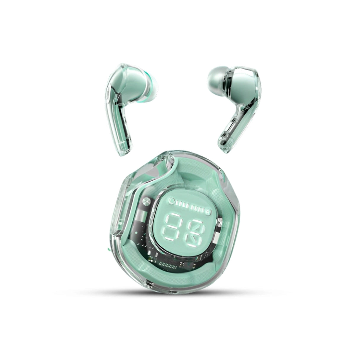 Mint green wireless earbuds with charging case on a white background