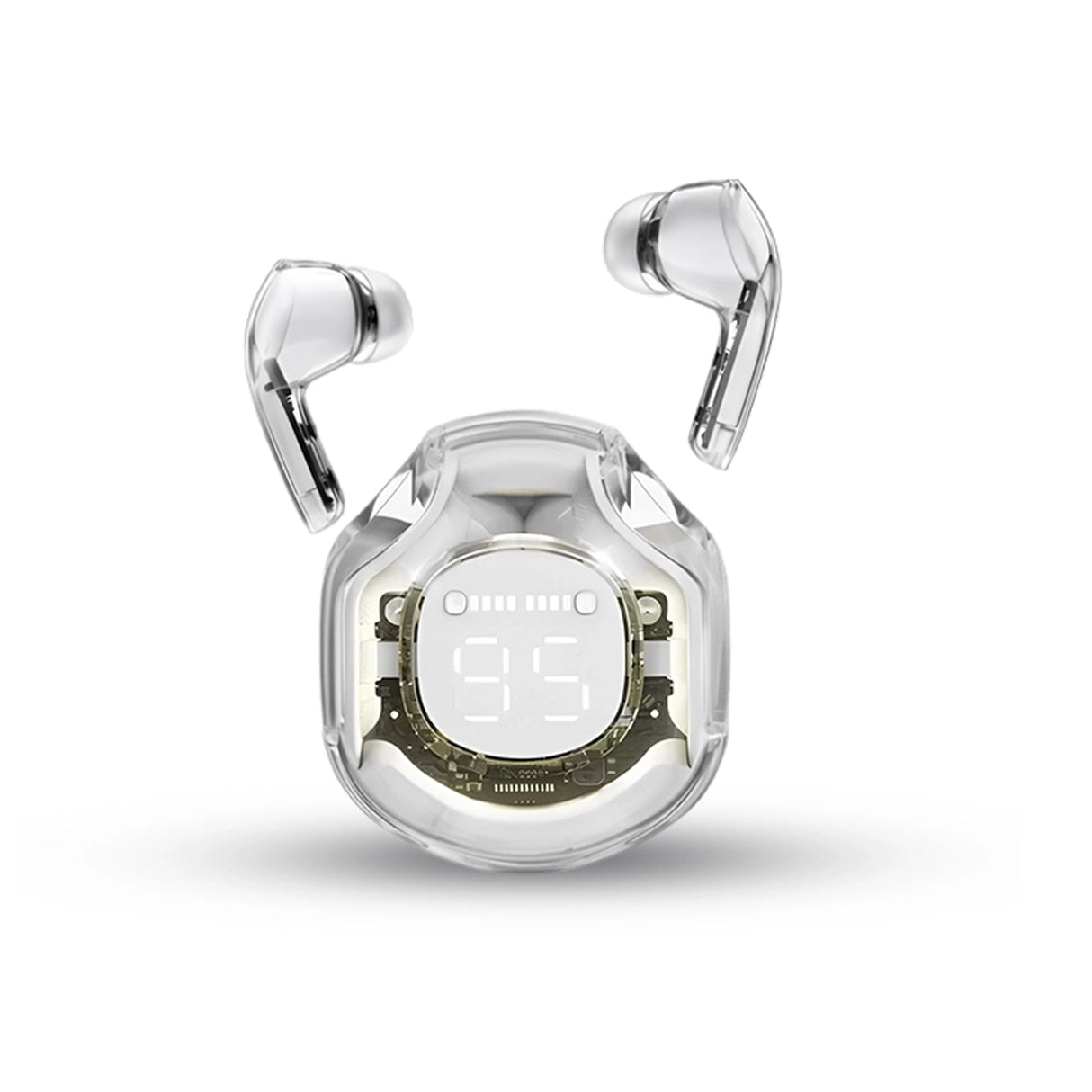 Air 39 white wireless earbud with LCD display on a white background