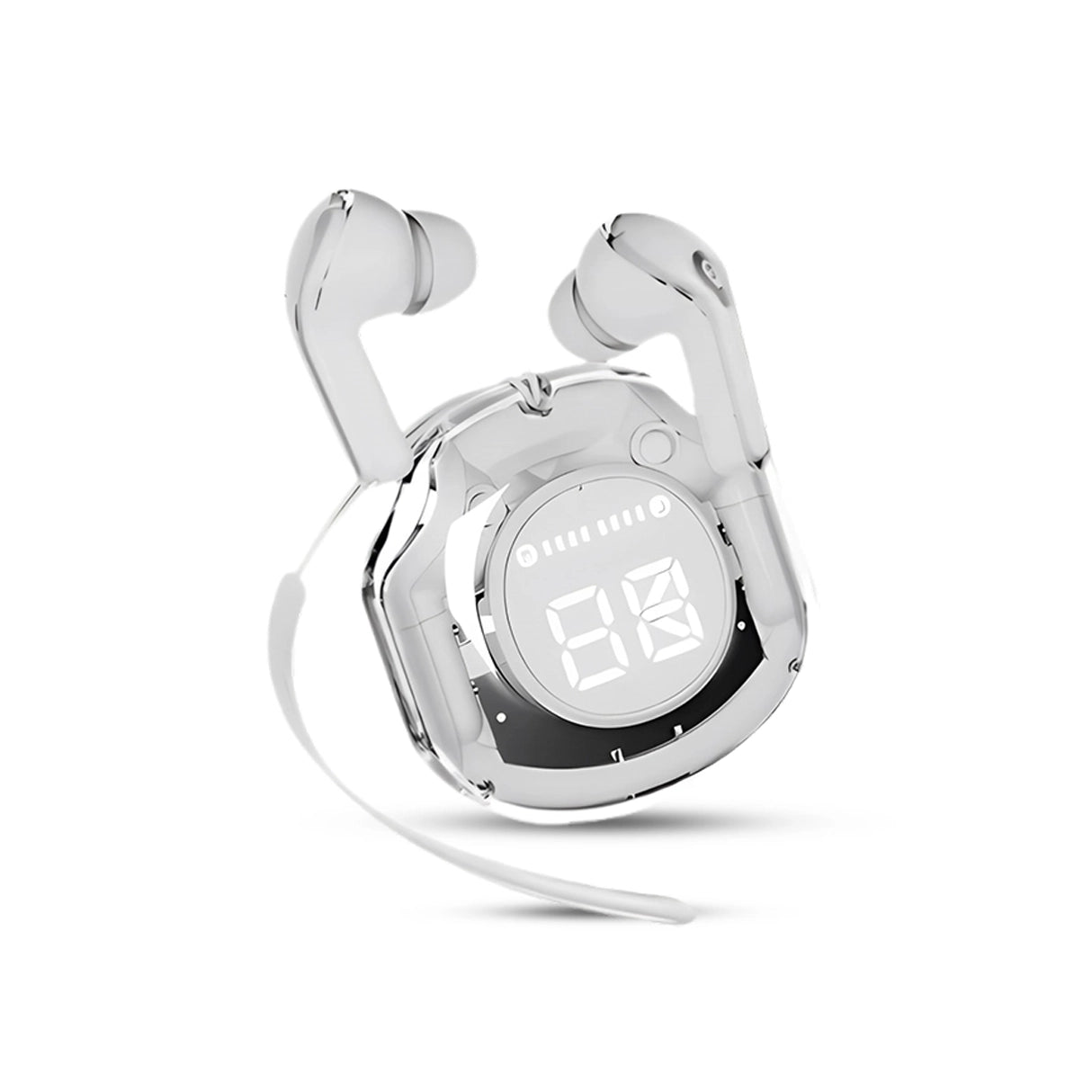 Air 39 Wireless earbuds with charging case and lanyard on a white background