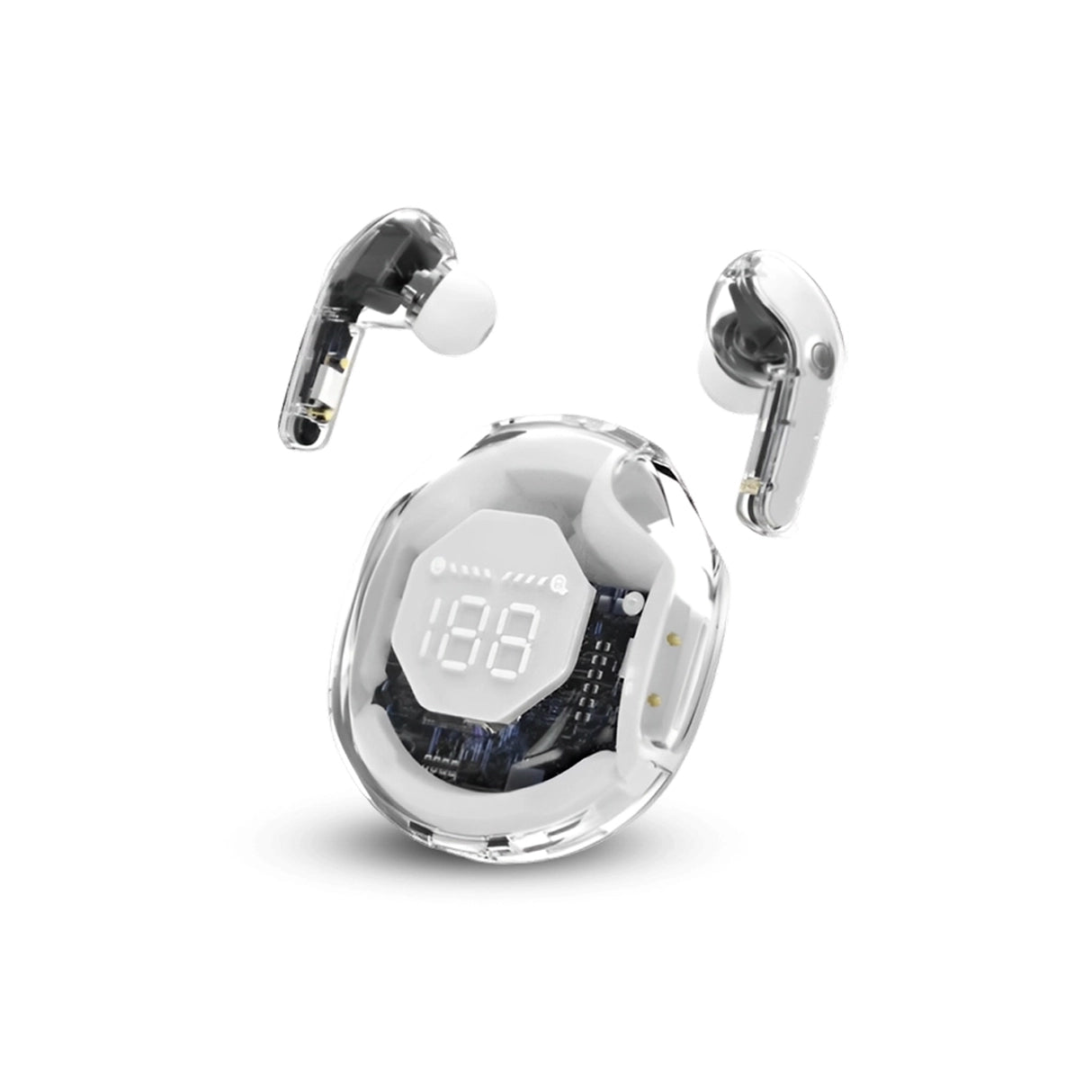 White Wireless earbuds with a digital display on a white background