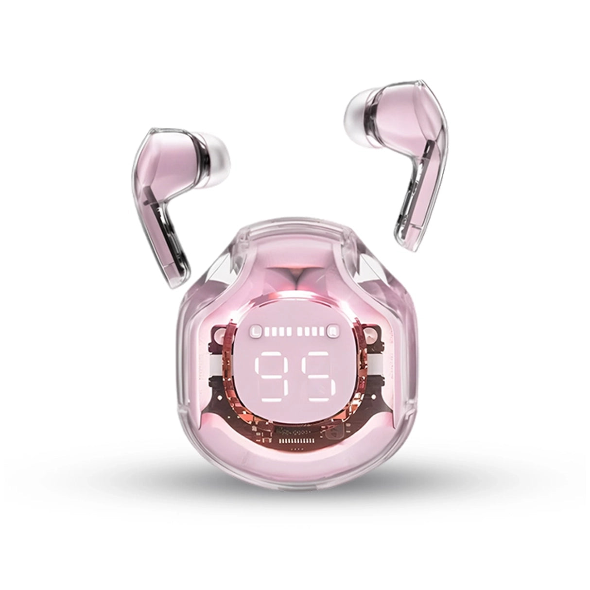 Air 39 Pink transparent wireless earbuds with charging case on a white background