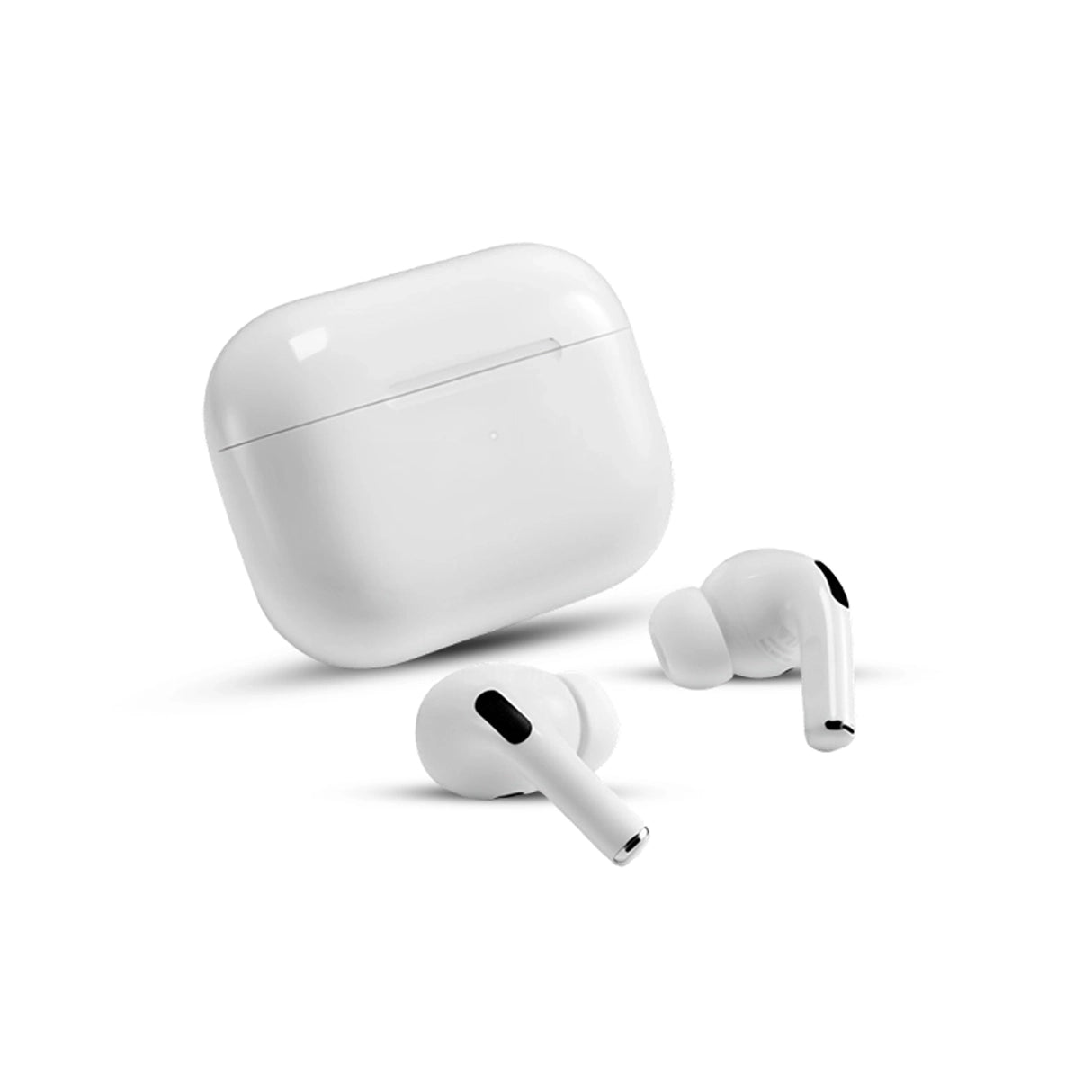 White Airpods pro 2 with charging case on a white background