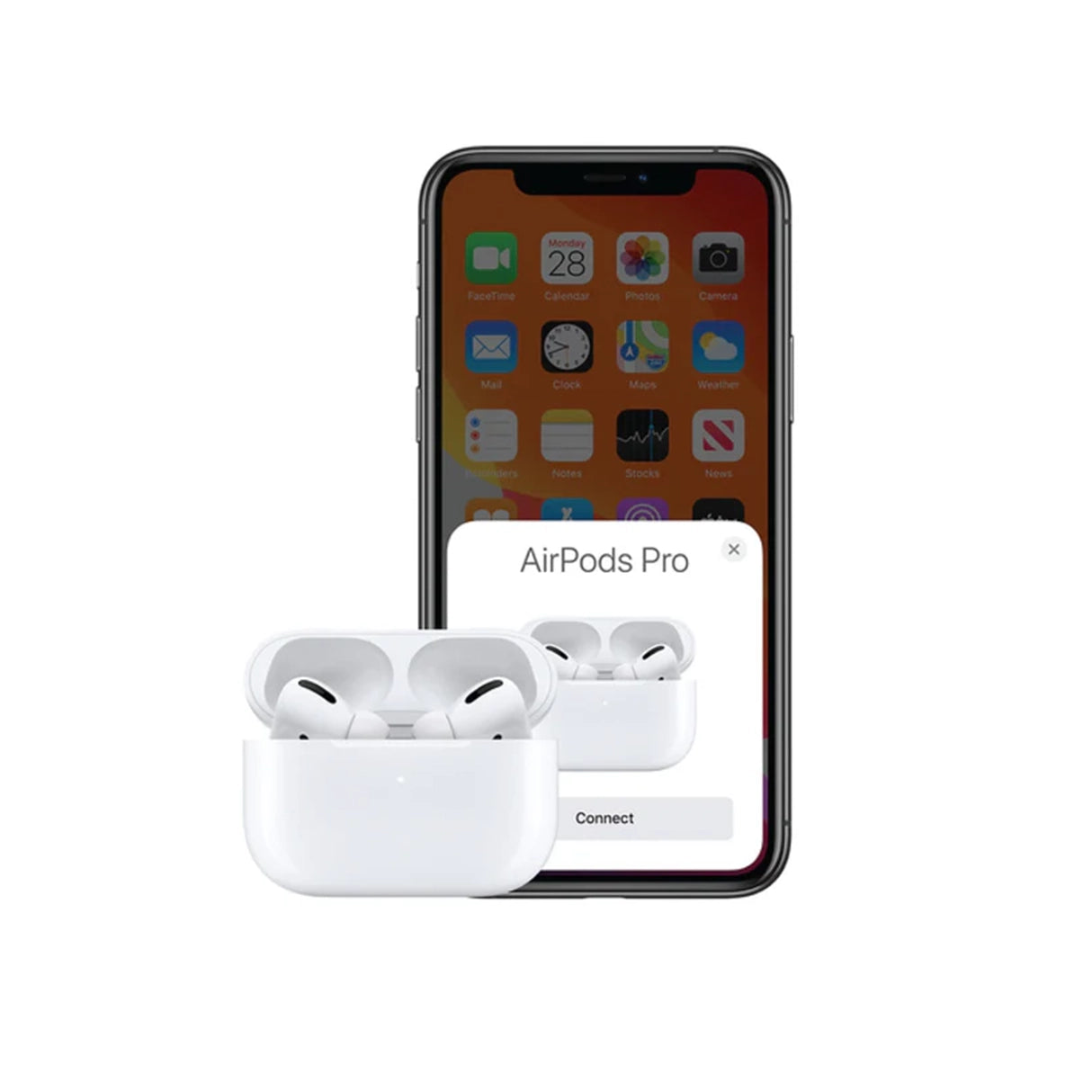 AirPods Pro with a smartphone displaying the AirPods Pro connection screen on a white background