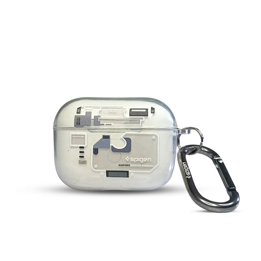 Transparent AirPods Pro 2 Silicone Case featuring a Spigen design with a sleek, minimal look, including a carabiner clip for easy portability.