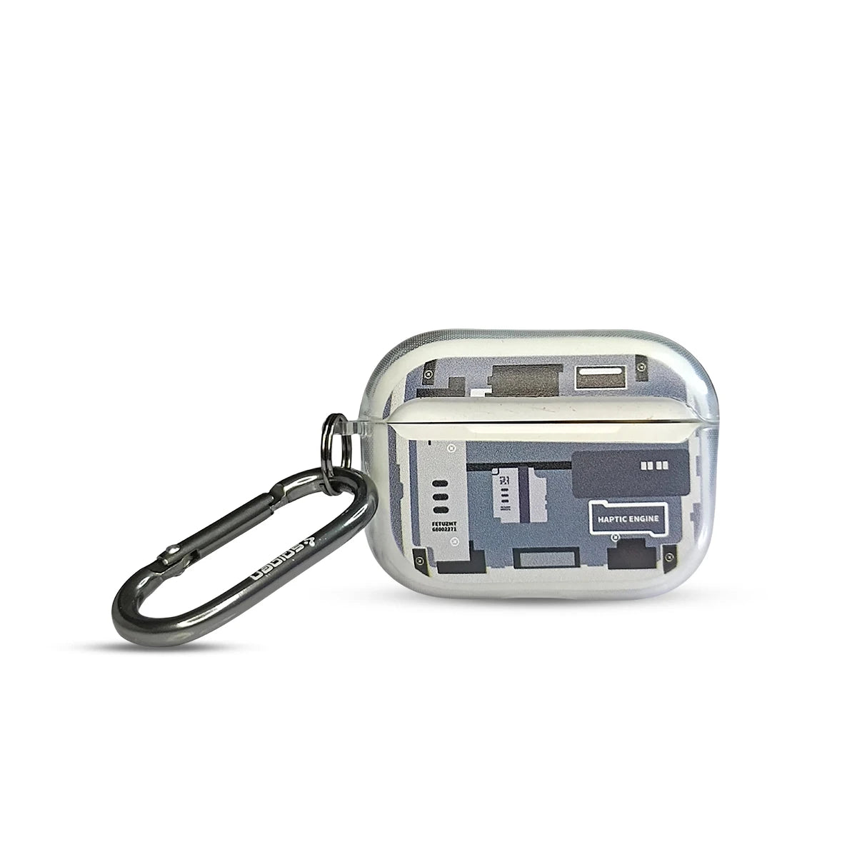 Transparent AirPods Pro 2 Silicone Case with a printed design featuring 'Haptic Engine' text, accompanied by a carabiner clip for easy portability.