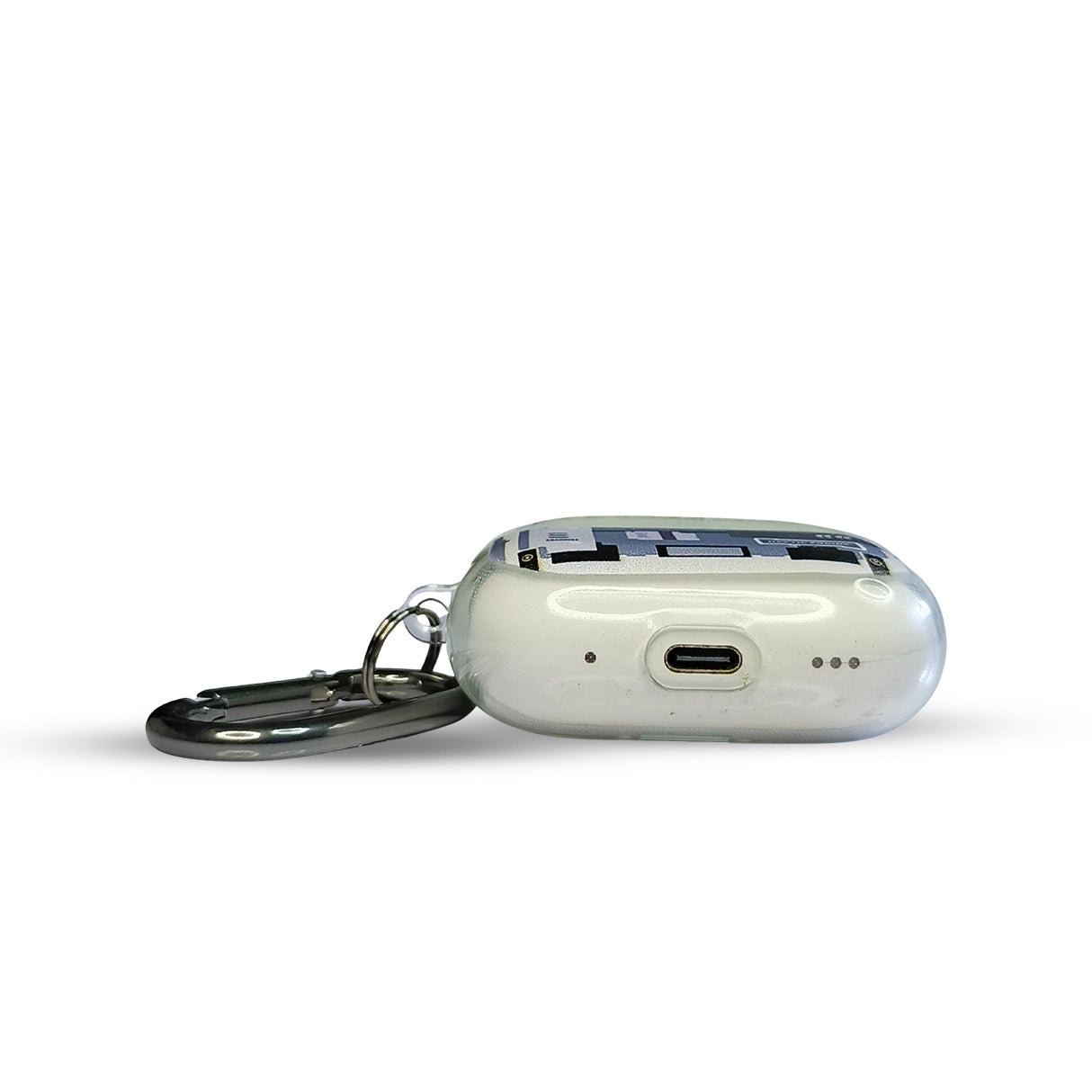 Bottom view of the transparent AirPods Pro 2 Silicone Case showing charging port access and carabiner clip attachment.