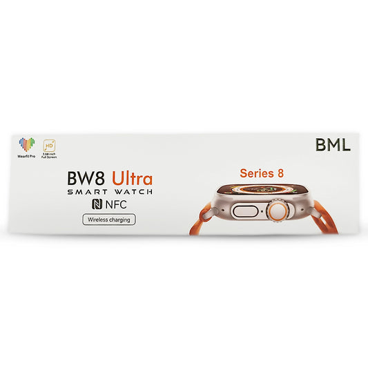 Box of BW8 Ultra smart watch with BML branding on a white background