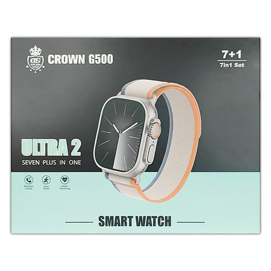 Crown G500 Smart watch packaging with brand logo and product details on a gray and light blue background