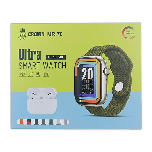 Box of mr 70 Ultra Smart Watch with green band and airpods on a green and blue background