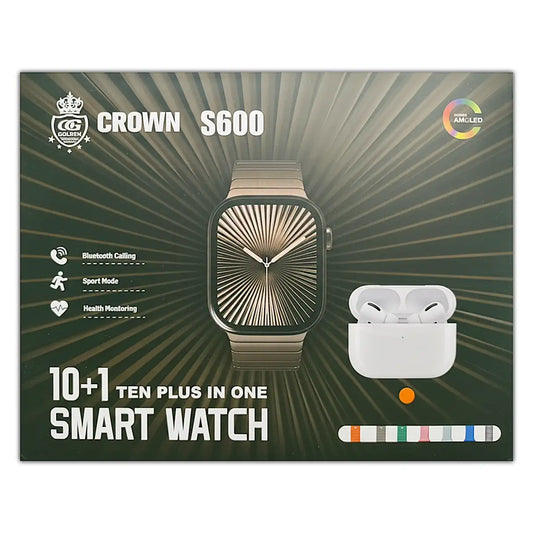 Promotional graphic for Crown S600 smart watch and earbuds on a green background