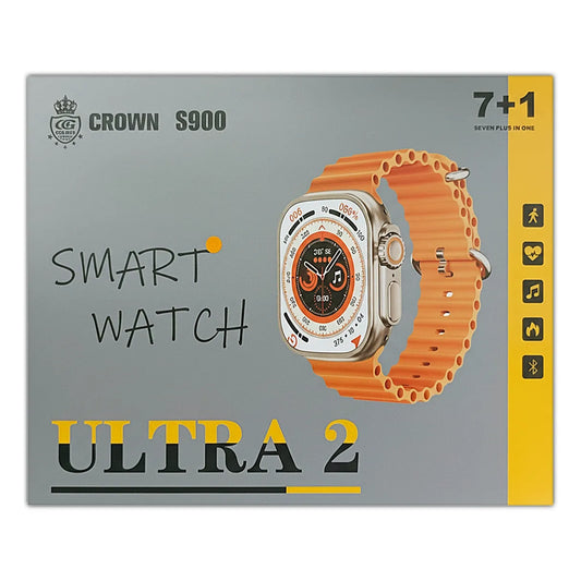Box for a smartwatch with an orange band and visible branding on a gray background
